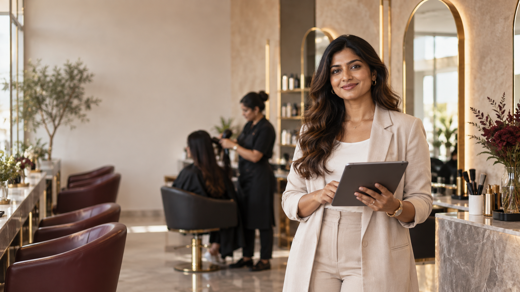 Salon owner confidently managing her business